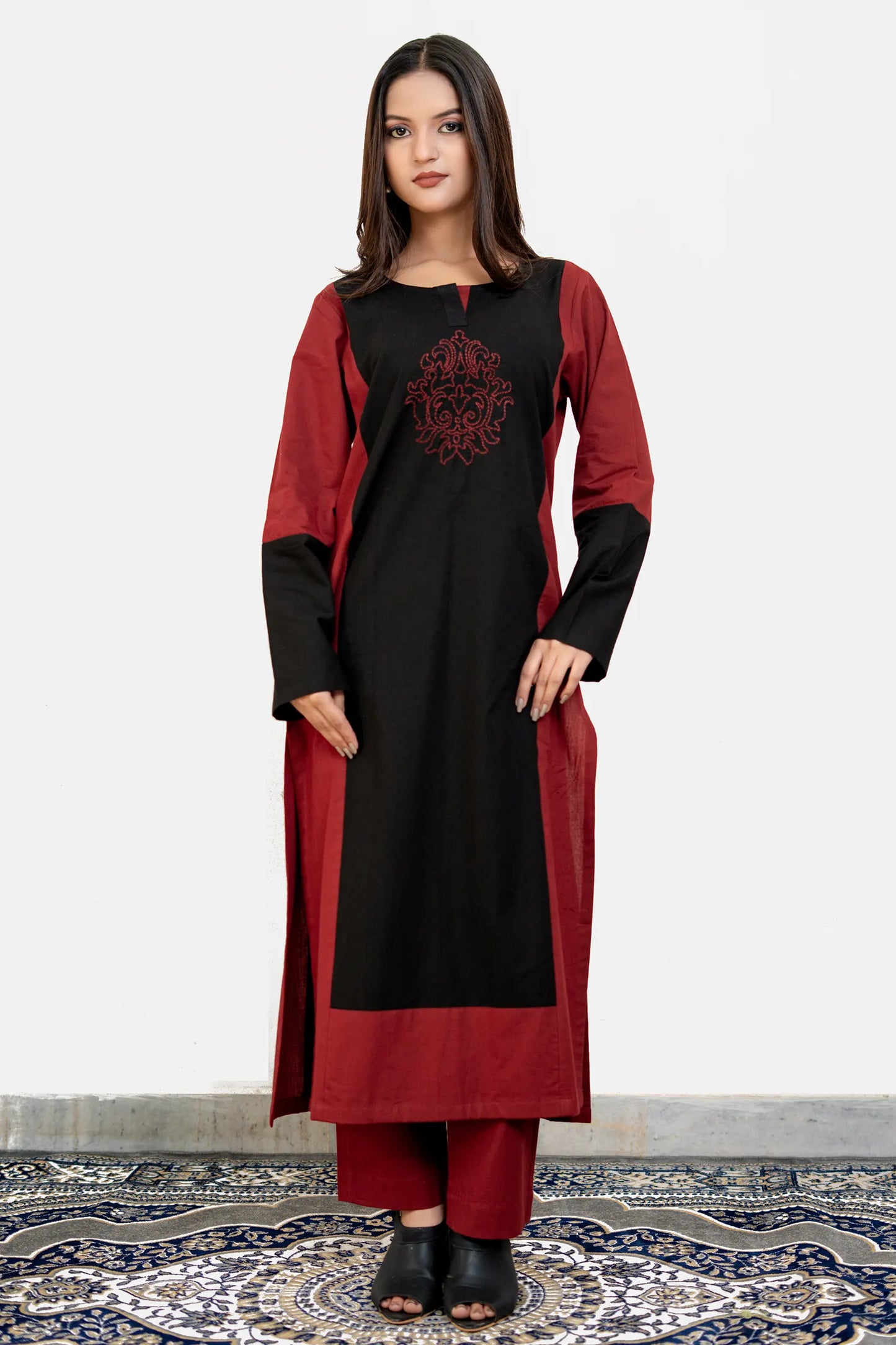 Dona Maroon Black Hand Embroidered Cotton Kurta Set