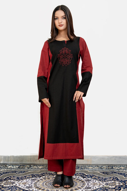 Dona Maroon Black Hand Embroidered Cotton Kurta Set