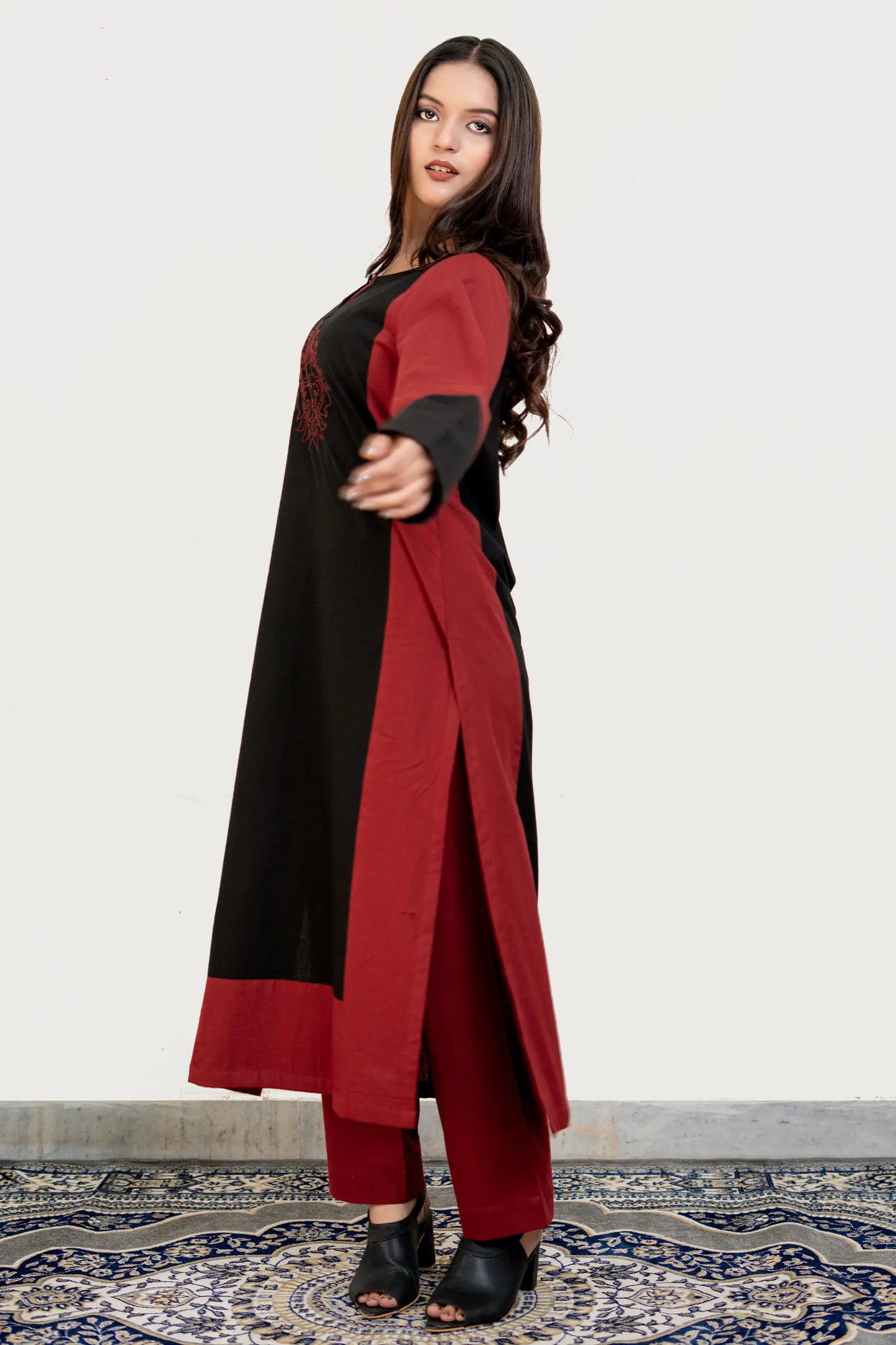 Dona Maroon Black Hand Embroidered Cotton Kurta Set