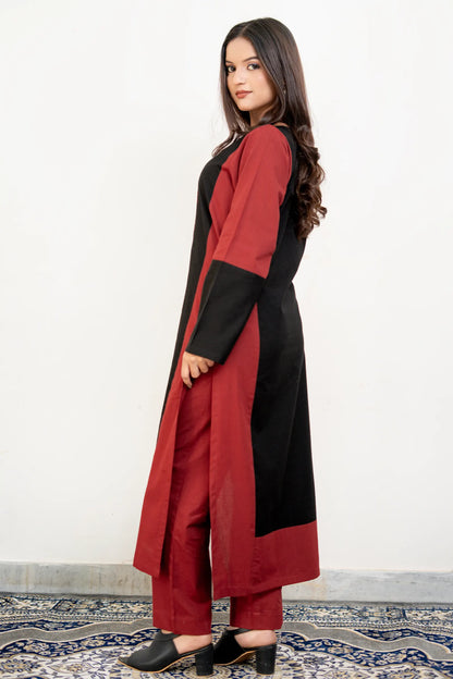 Dona Maroon Black Hand Embroidered Cotton Kurta Set