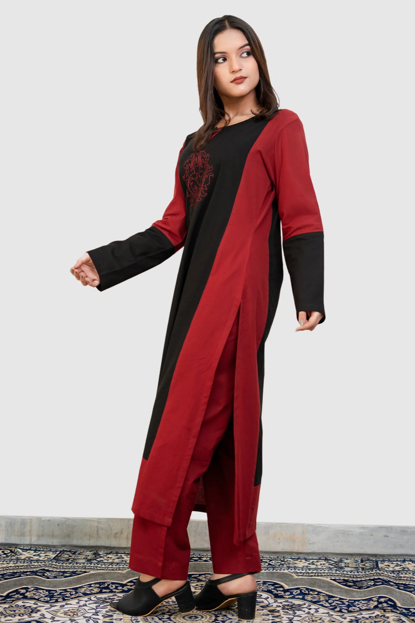 Dona Maroon Black Hand Embroidered Cotton Kurta Set