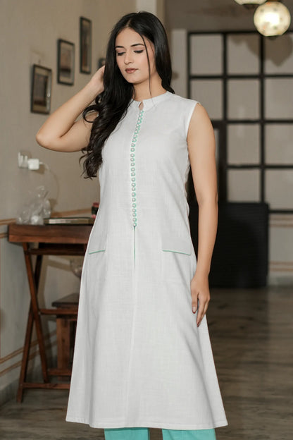 Elara Lucent White And Aqua Slub Cotton Kurta Set