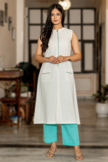 Elara Lucent White And Aqua Slub Cotton Kurta Set