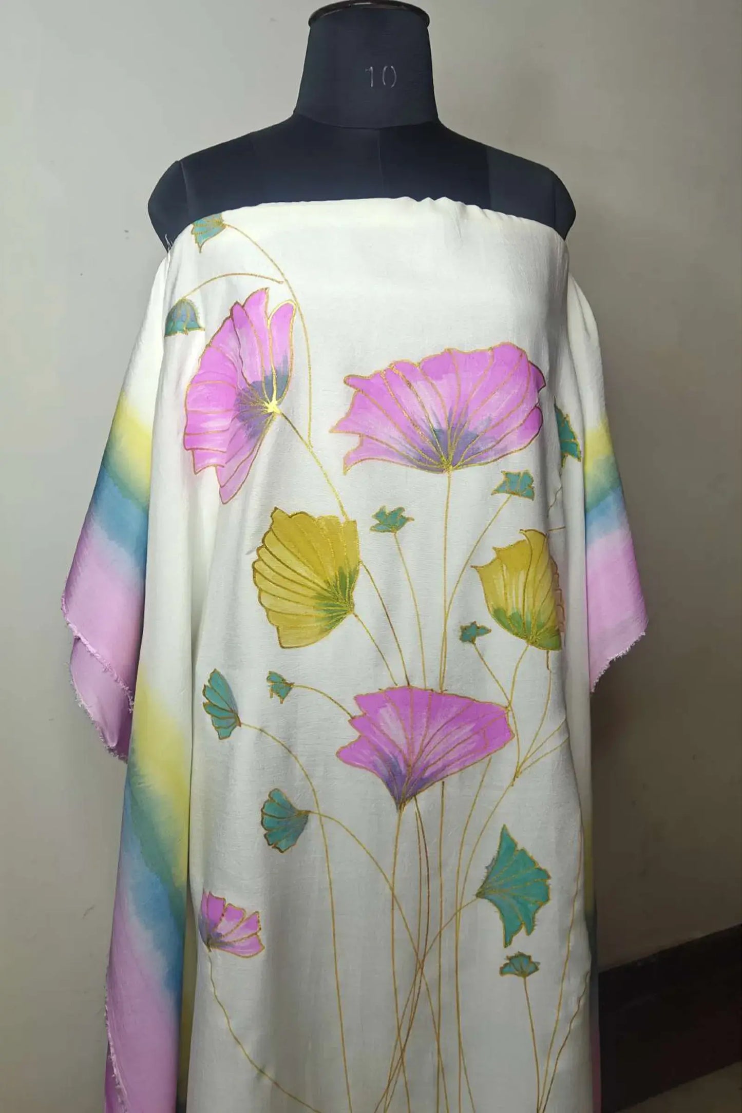 Floral Reverie Hand Painted Pure Muslin Kaftan Dress Material