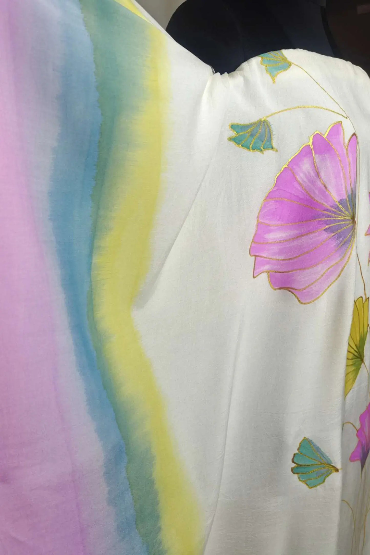 Floral Reverie Hand Painted Pure Muslin Kaftan Dress Material