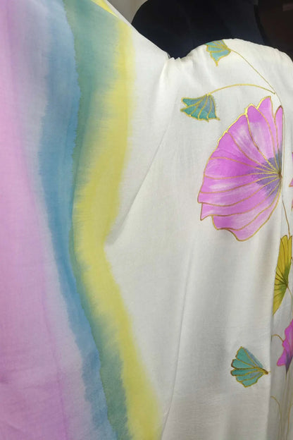 Floral Reverie Hand Painted Pure Muslin Kaftan Dress Material