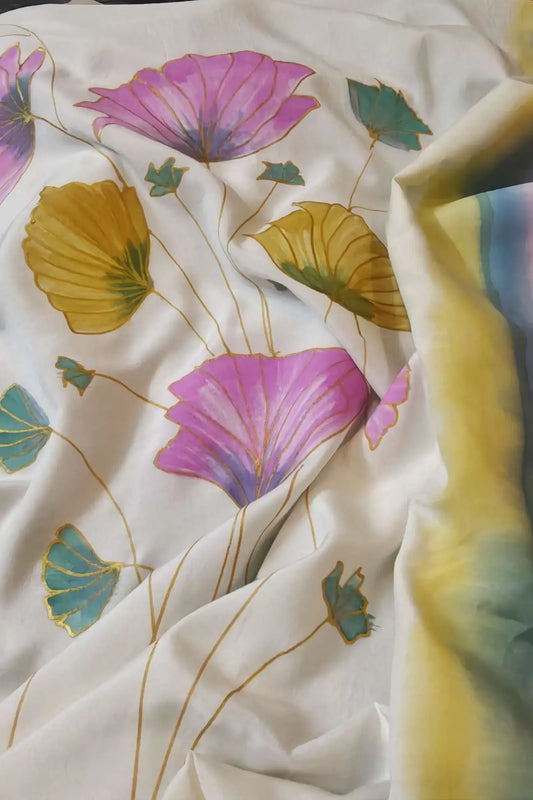 Floral Reverie Hand Painted Pure Muslin Kaftan Dress Material