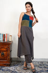 Ira Steel Grey C-Cut Hand Embroidered Color-Block Cotton Kurta Set