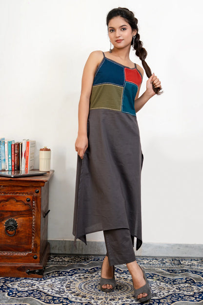 Ira Steel Grey C-Cut Hand Embroidered Color-Block Cotton Kurta Set