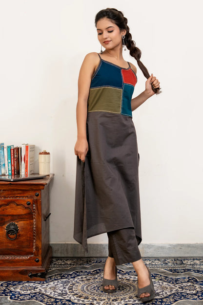 Ira Steel Grey C-Cut Hand Embroidered Color-Block Cotton Kurta Set