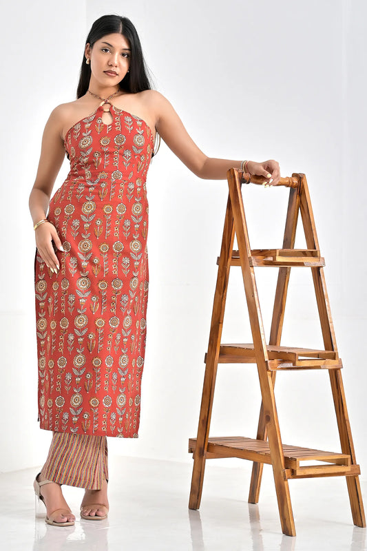 Ishi Hand Block Printed Cotton Kurta Set with Bandana