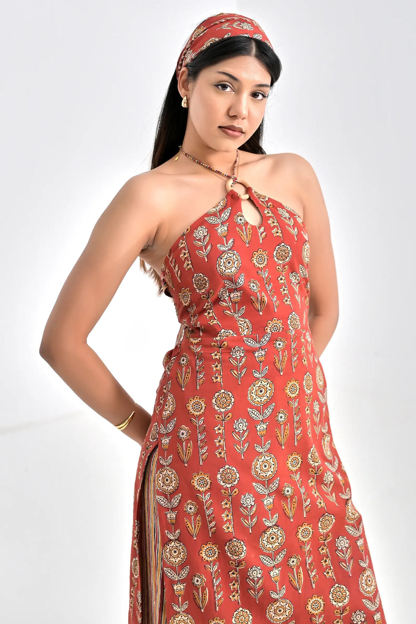 Ishi Hand Block Printed Cotton Kurta Set with Bandana