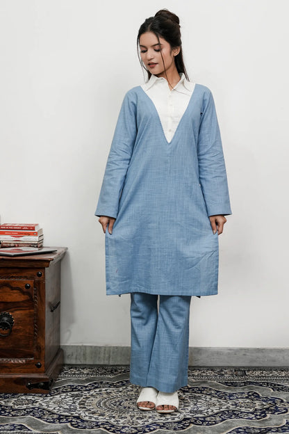 Jefa Lucent White And Blue Slub Cotton Co-Ord Set
