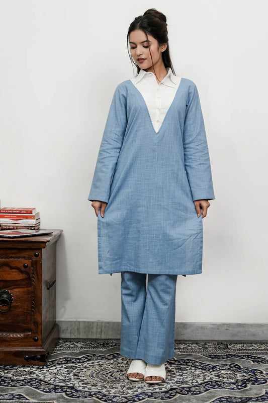 Jefa Lucent White And Blue Slub Cotton Co-Ord Set