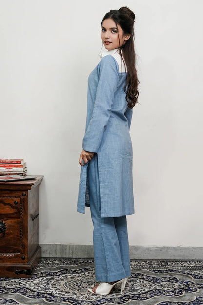 Jefa Lucent White And Blue Slub Cotton Co-Ord Set