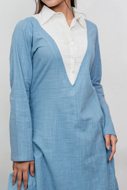 Jefa Lucent White And Blue Slub Cotton Co-Ord Set