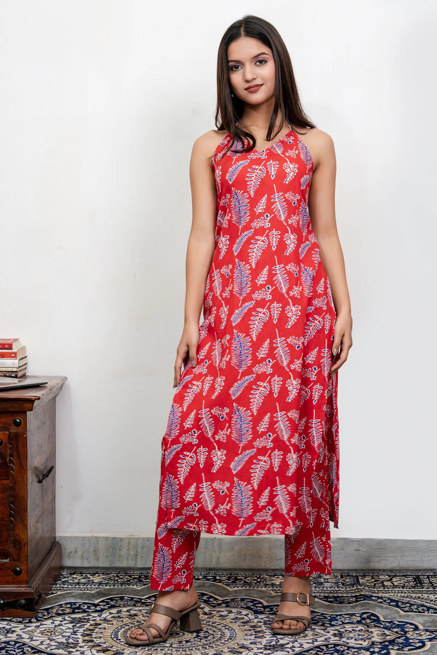 Kiara Red Cotton Hand Block Printed Halter Neck Kurta Set