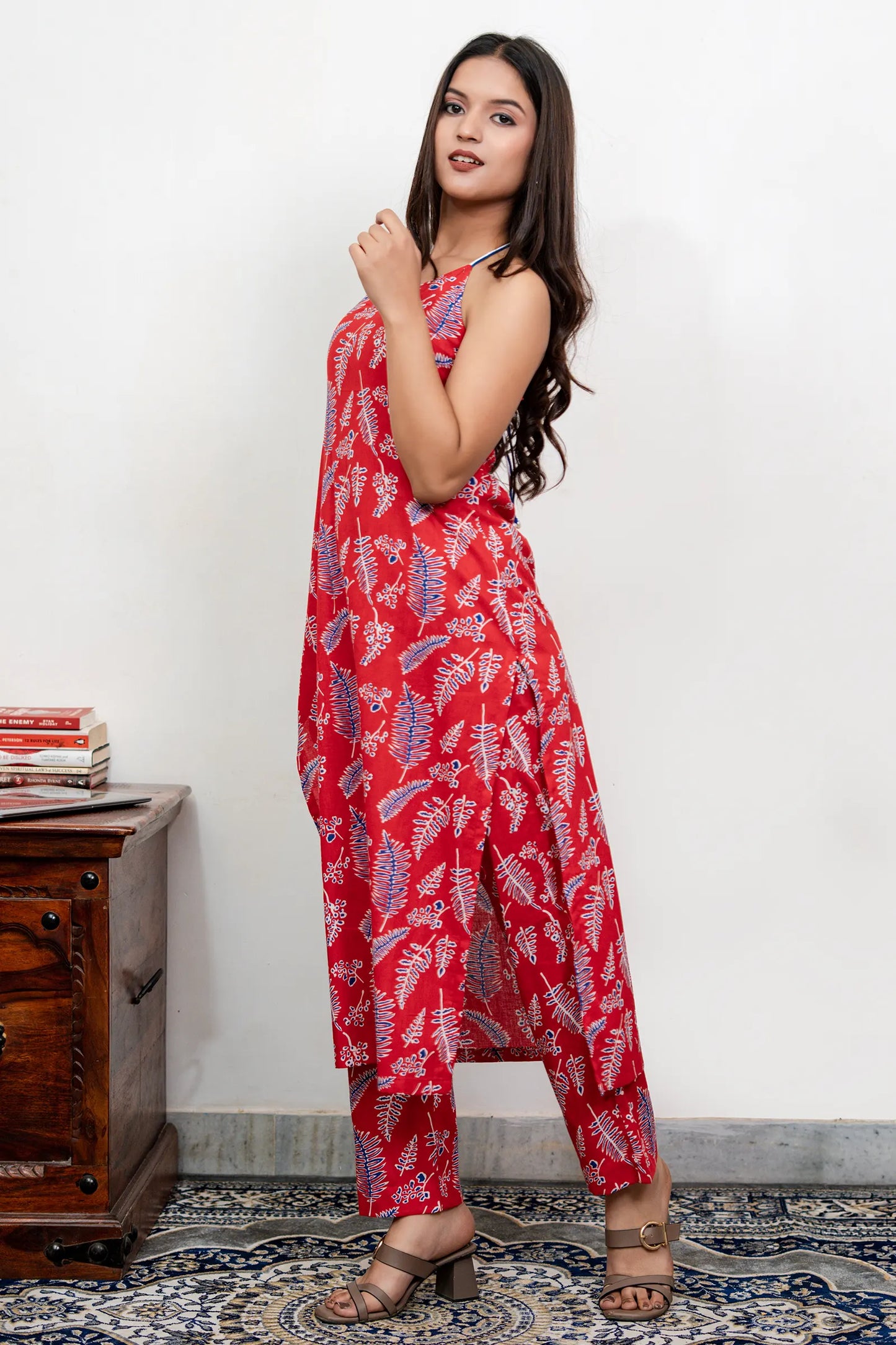 Kiara Red Cotton Hand Block Printed Halter Neck Kurta Set