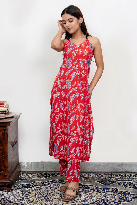 Kiara Red Cotton Hand Block Printed Halter Neck Kurta Set