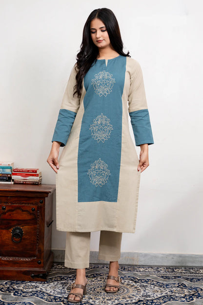 Mira Khaki And Teal Hand Embroidered Easy Fit Flex Cotton Kurta