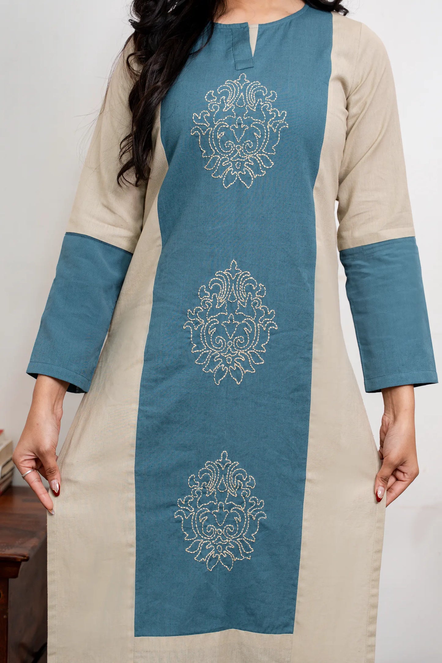 Mira Khaki And Teal Hand Embroidered Easy Fit Flex Cotton Kurta