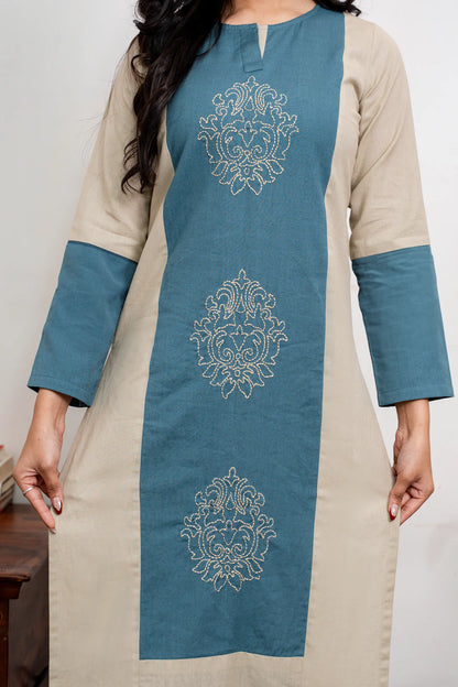 Mira Khaki And Teal Hand Embroidered Easy Fit Flex Cotton Kurta