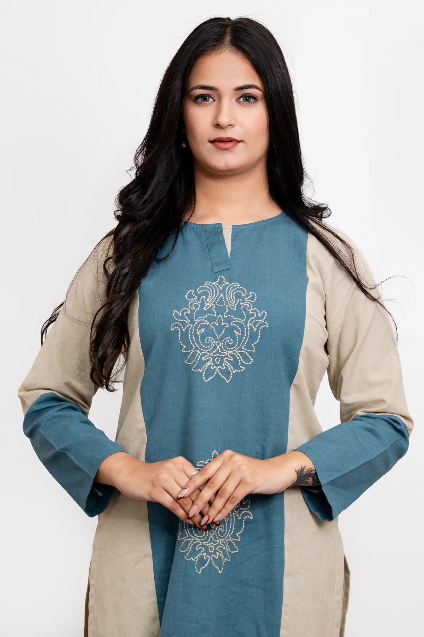Mira Khaki And Teal Hand Embroidered Easy Fit Flex Cotton Kurta