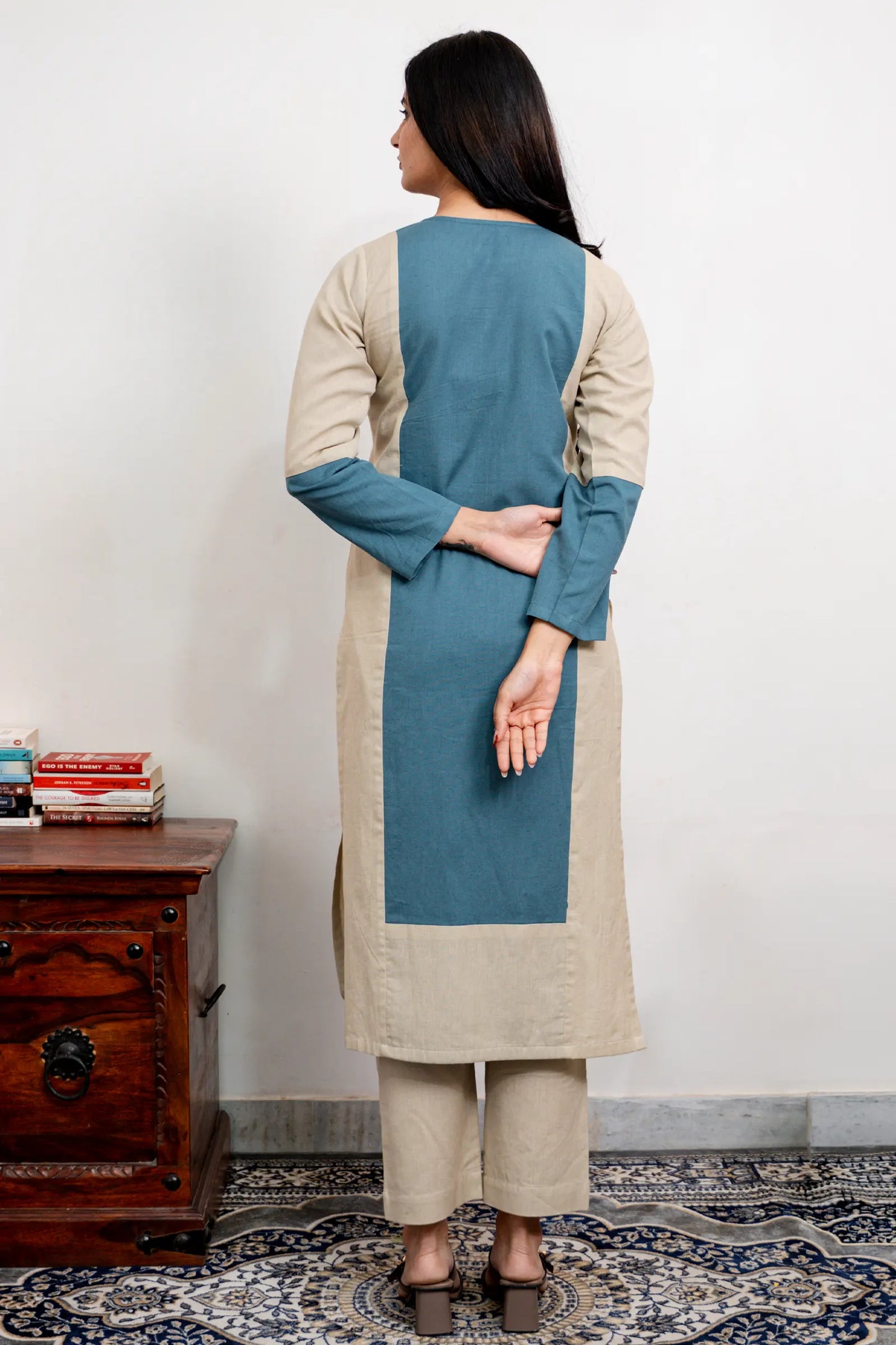 Mira Khaki And Teal Hand Embroidered Easy Fit Flex Cotton Kurta