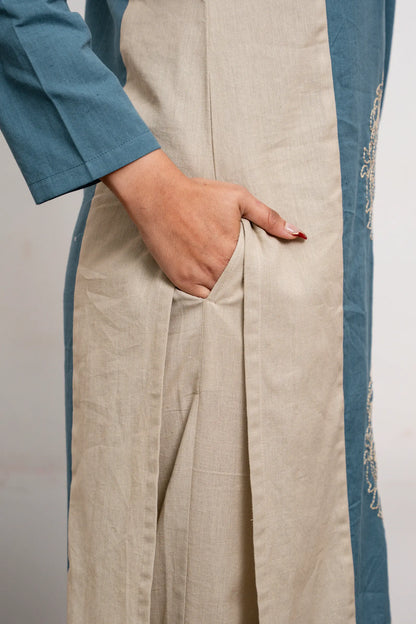 Mira Khaki And Teal Hand Embroidered Easy Fit Flex Cotton Kurta