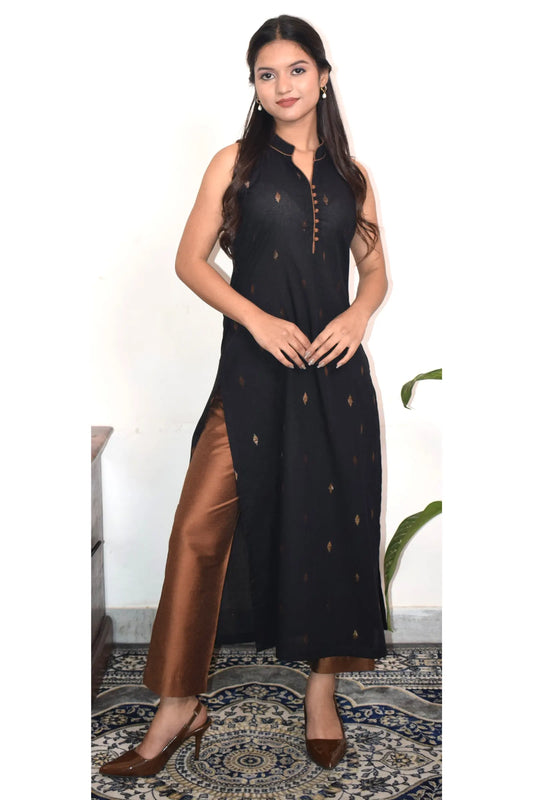 Noa Black And Copper Handwoven Straight Cotton Kurta Set