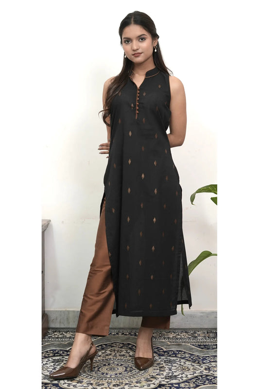 Noa Black And Copper Handwoven Straight Cotton Kurta Set