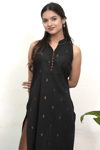 Noa Black And Copper Handwoven Straight Cotton Kurta Set