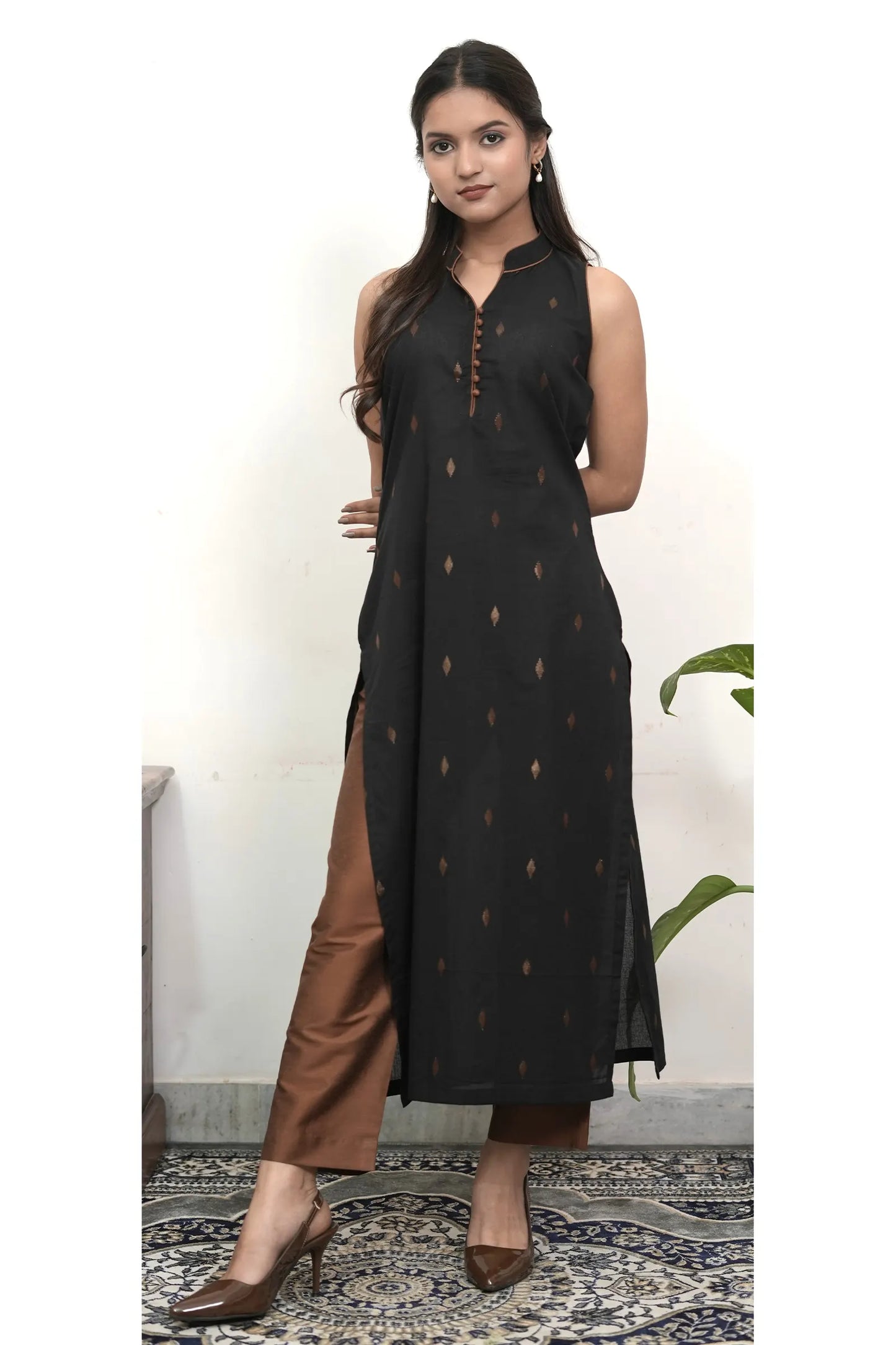 NOA Black and Copper Handwoven Straight Cotton Suit (Set of 3)