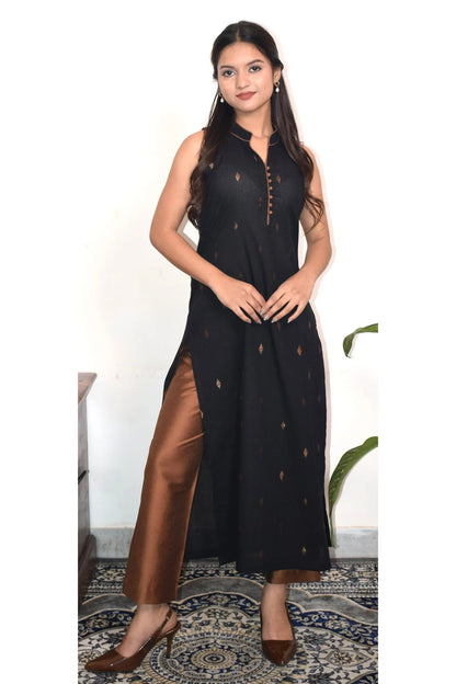 NOA Black and Copper Handwoven Straight Cotton Suit (Set of 3)