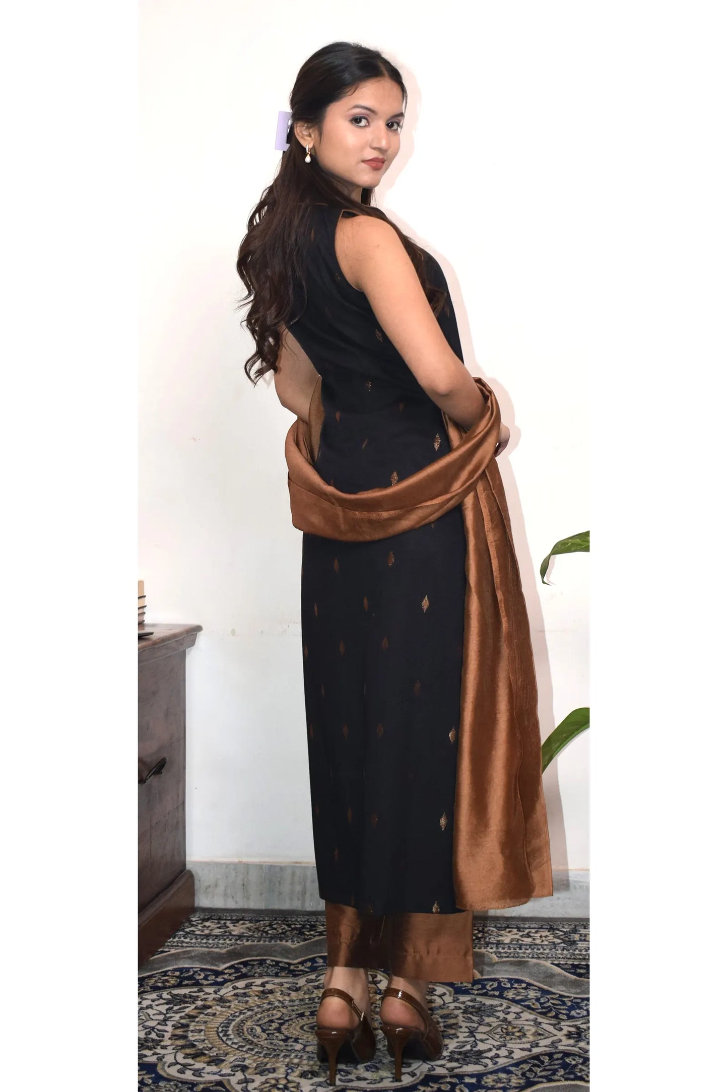 NOA Black and Copper Handwoven Straight Cotton Suit (Set of 3)