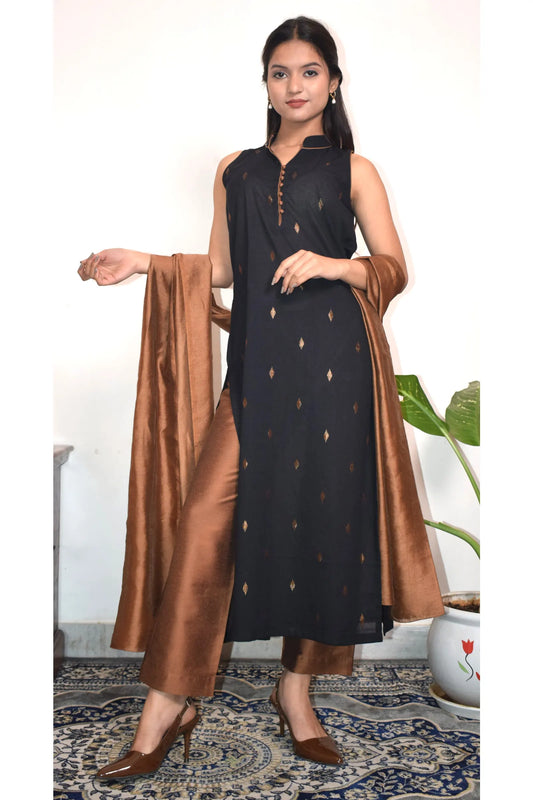 NOA Black and Copper Handwoven Straight Cotton Suit (Set of 3)