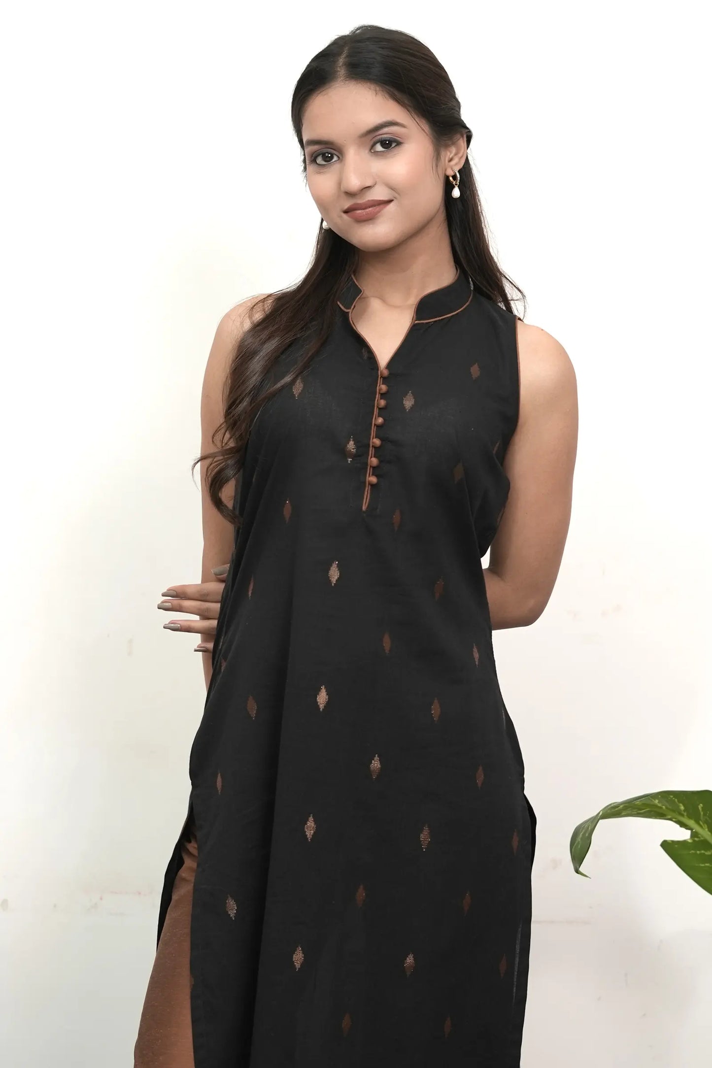NOA Black and Copper Handwoven Straight Cotton Suit (Set of 3)
