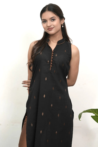 NOA Black and Copper Handwoven Straight Cotton Suit (Set of 3)