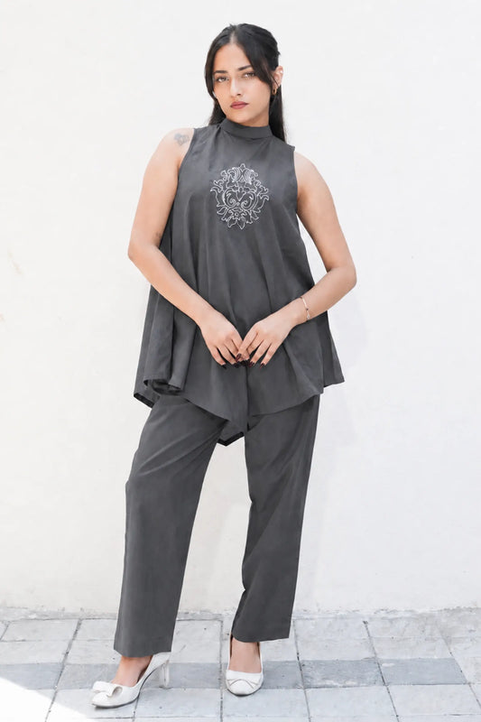 Noir Grey Hand Embroidered Asymmetrical Solid Cotton Co-Ord Set