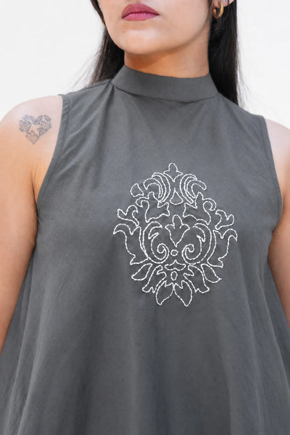 Noir Grey Hand Embroidered Asymmetrical Solid Cotton Co-Ord Set