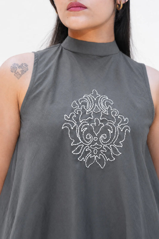 Noir Grey Hand Embroidered Asymmetrical Solid Cotton Co-Ord Set