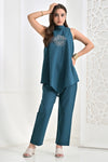 Noir Teal Hand Embroidered Asymmetrical Cotton Co-Ord Set