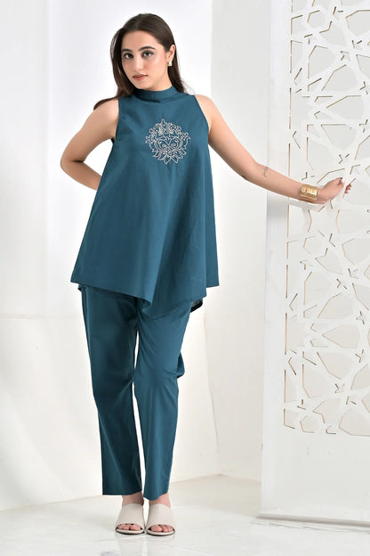 Noir Teal Hand Embroidered Asymmetrical Solid Cotton Co-Ord Set