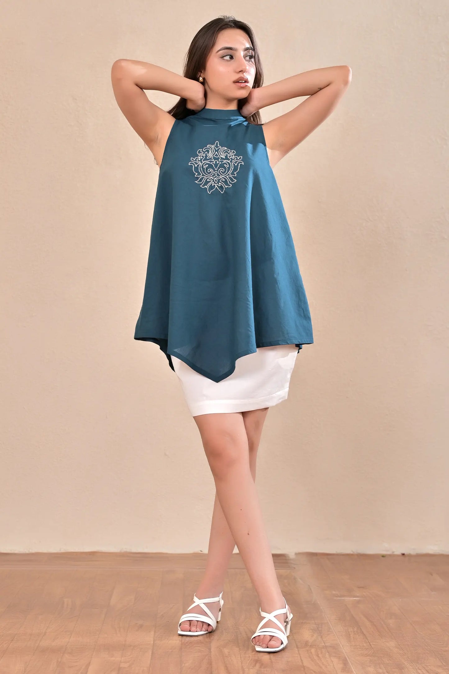 Noir Teal Hand Embroidered Top-Skirt Set