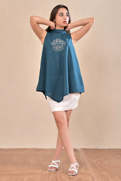Noir Teal Hand Embroidered Top-Skirt Set