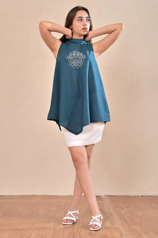 Noir Teal Hand Embroidered Top-Skirt Set