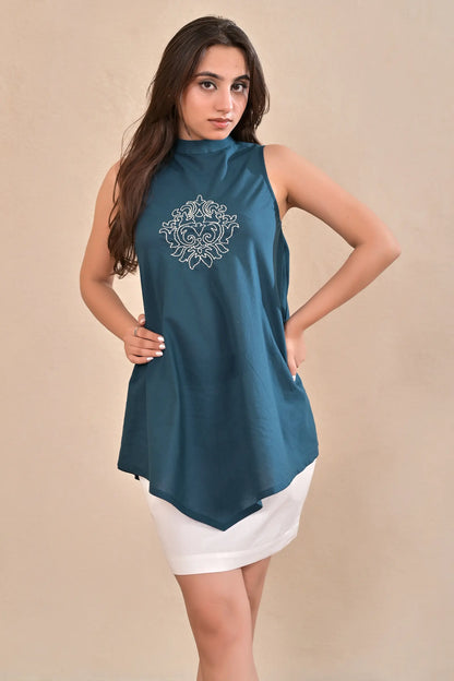 Noir Teal Hand Embroidered Top-Skirt Set