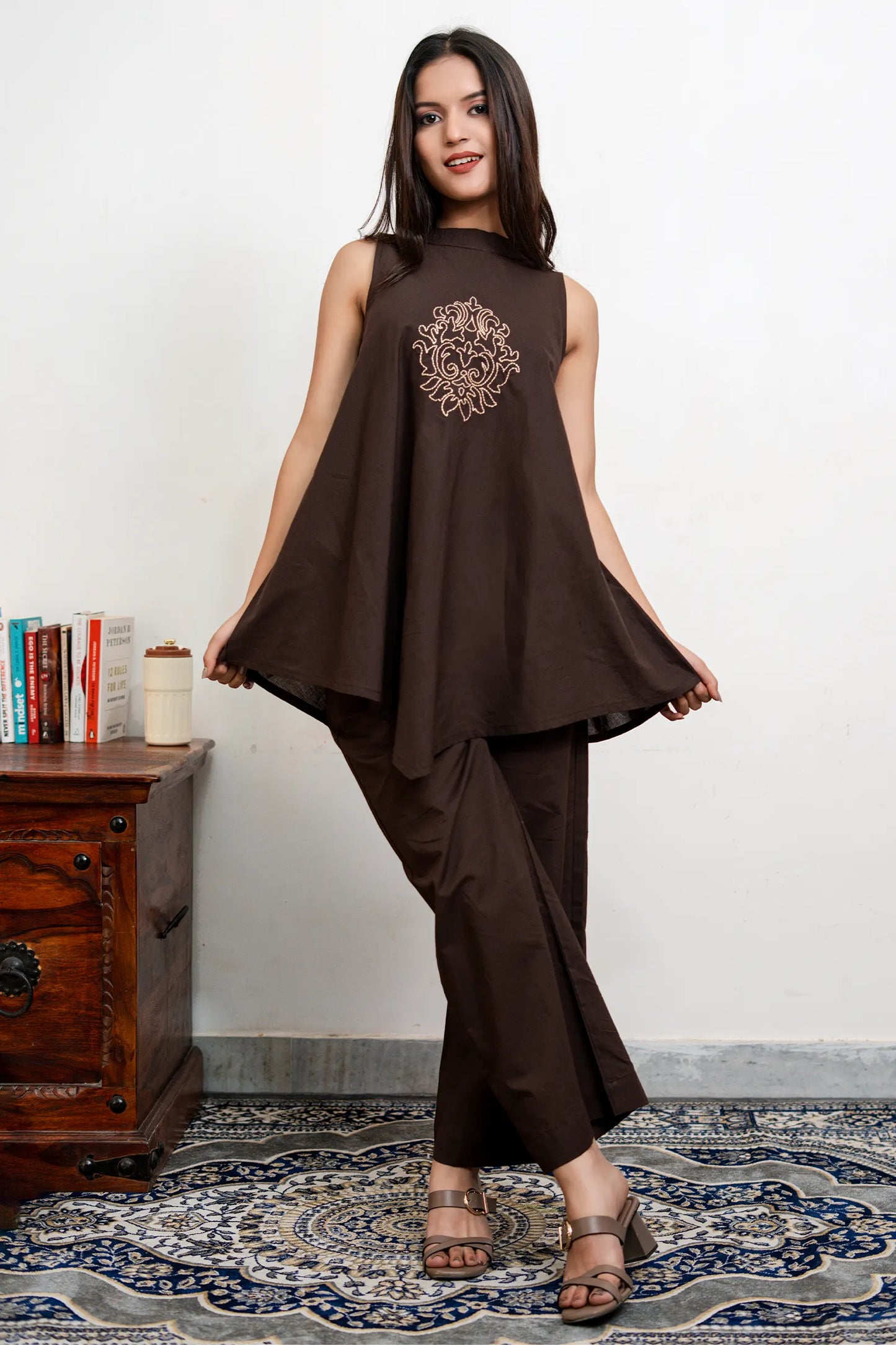 Noir Coffee Hand Embroidered Asymmetrical Cotton Co-Ord Set