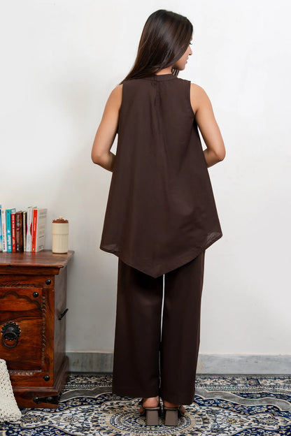 Noir Coffee Hand Embroidered Asymmetrical Cotton Co-Ord Set
