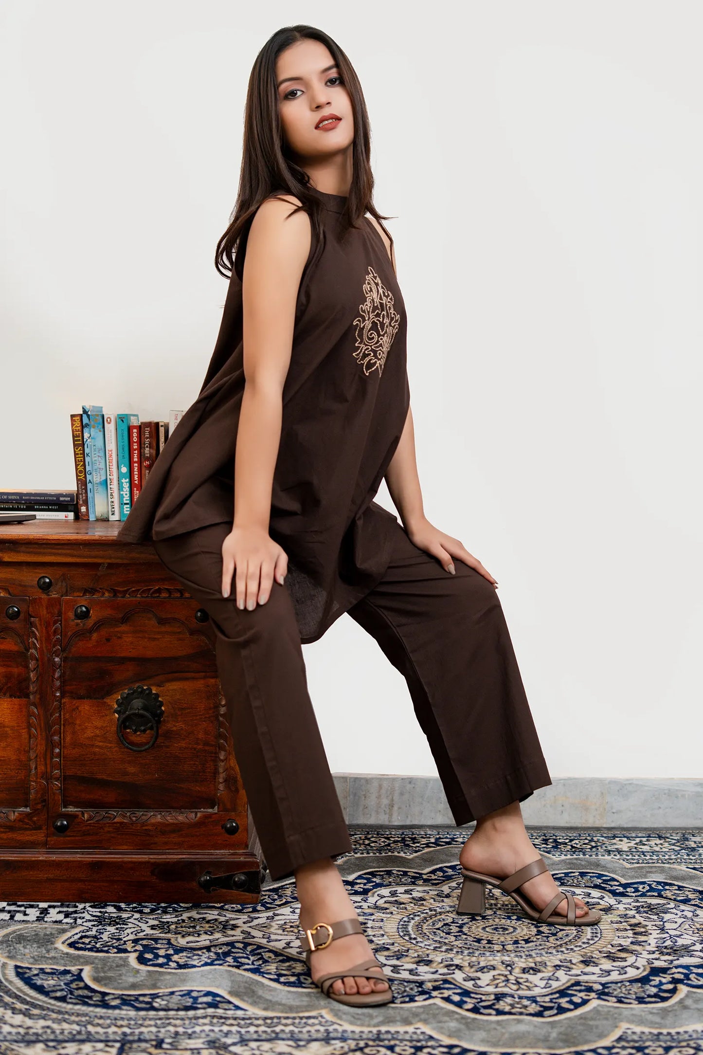 Noir Coffee Hand Embroidered Asymmetrical Cotton Co-Ord Set